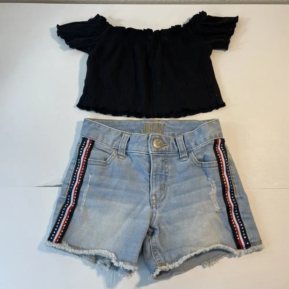 Lot 5 Girls Clothing Size 7 8 Justice Denim Shorts Jeans Corduroy Skirt Top Set
